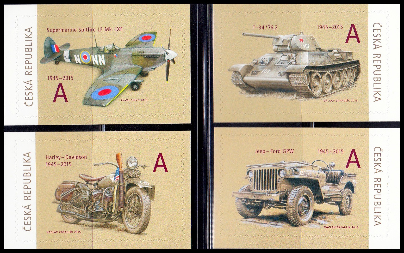 S nimi přišla svoboda - Spitfire, tank, Harley, Jeep (samolepící známky 4 ks.)