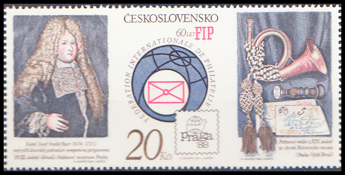 Praga 1988 - 60 let FIP (známka z aršíku KZK -  částečně zoubkovaná)