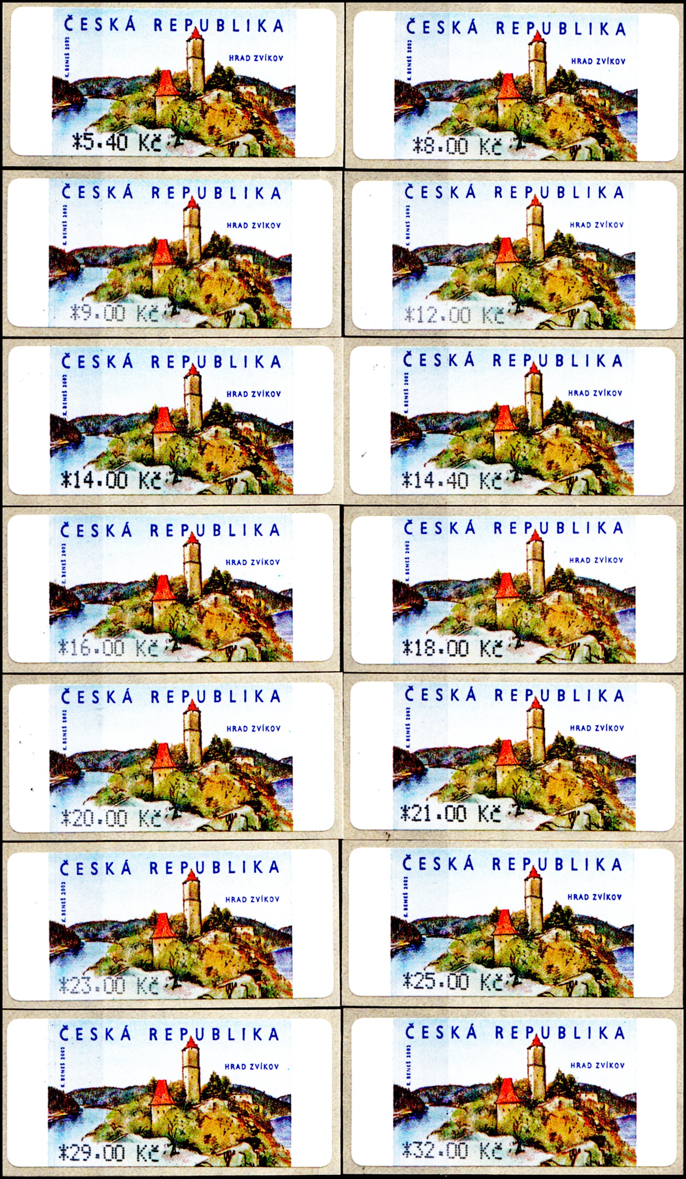 Automatové známky - Hrad Zvíkov - 14 hodnot (26.6.2002) 