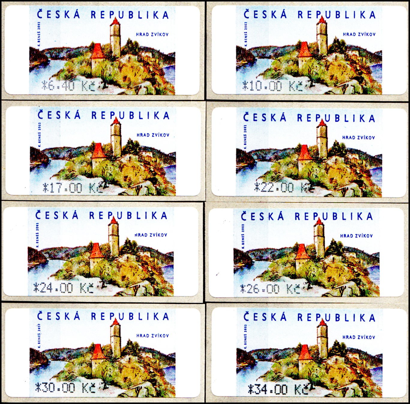 Automatové známky - Hrad Zvíkov - 8 hodnot  (1.9.2002)