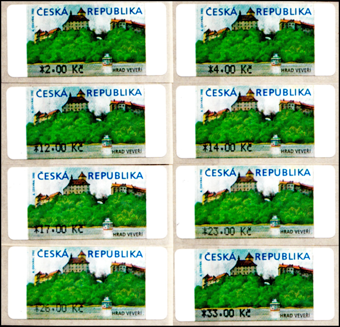 Automatové známky - Hrad Veveří s *  8 hodnot (8.1. 2001)