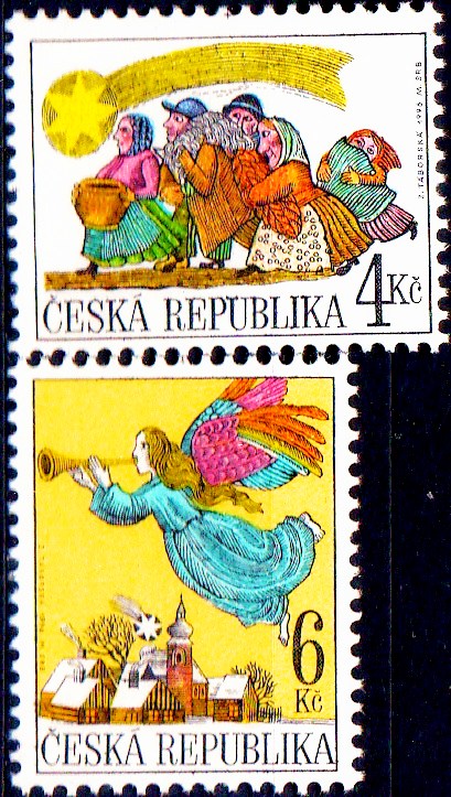 Vánoce 1998 (venkované s dárky do Betléma, anděl nad zasněženou vesničkou)
