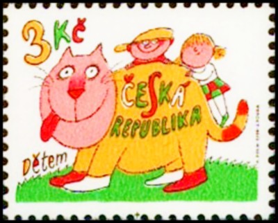 Dětem (veselá kočička s holčičkou a chlapčkem na hřbetě)