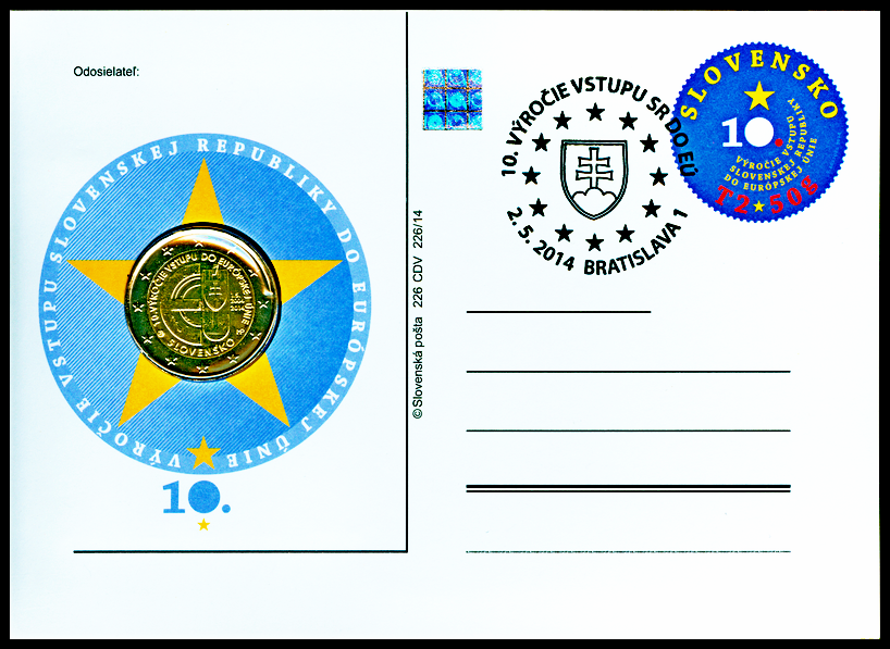 Numizmatický poštovní lístek Vstup SR do EÚ - 10. výročí