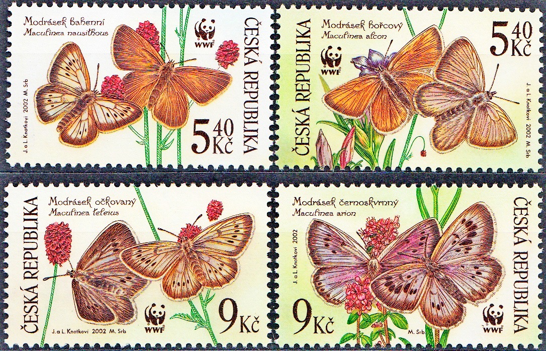 Ochrana přírody - Ohrožení motýli (známky z aršíku)