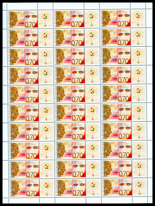 Den poštovní známky 2009 - Louis Braille (celý arch 30 známek + 30 kuponů)  