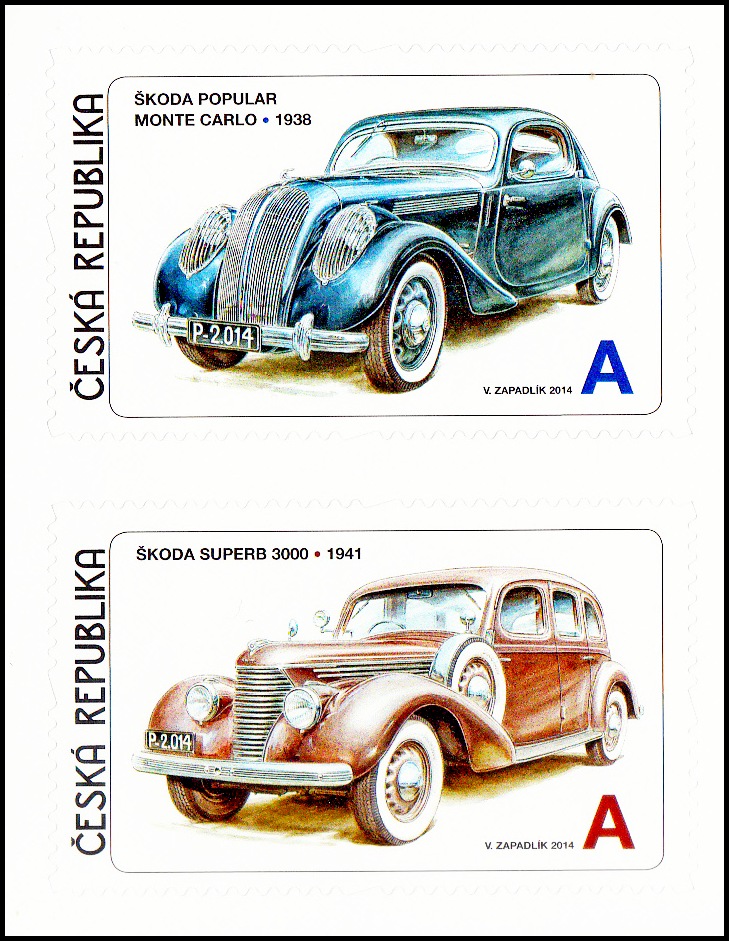 Česká auta - Škoda II. (Popular Monte Carlo, Superb 3000) - samolepící známky