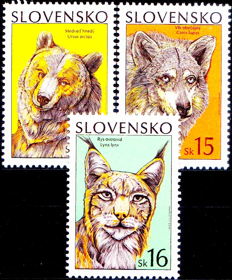 Ochrana přírody - Medvěd hnědý, vlk obecný, rys ostrovid  (známky z aršíku)