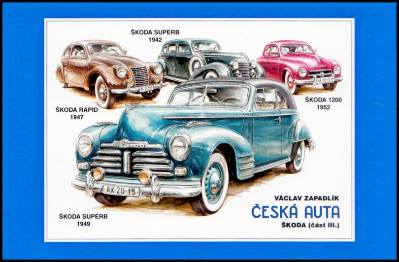 Česká auta - Škoda III. (1201, Rapid 1500)- samolepící známkový sešitek 