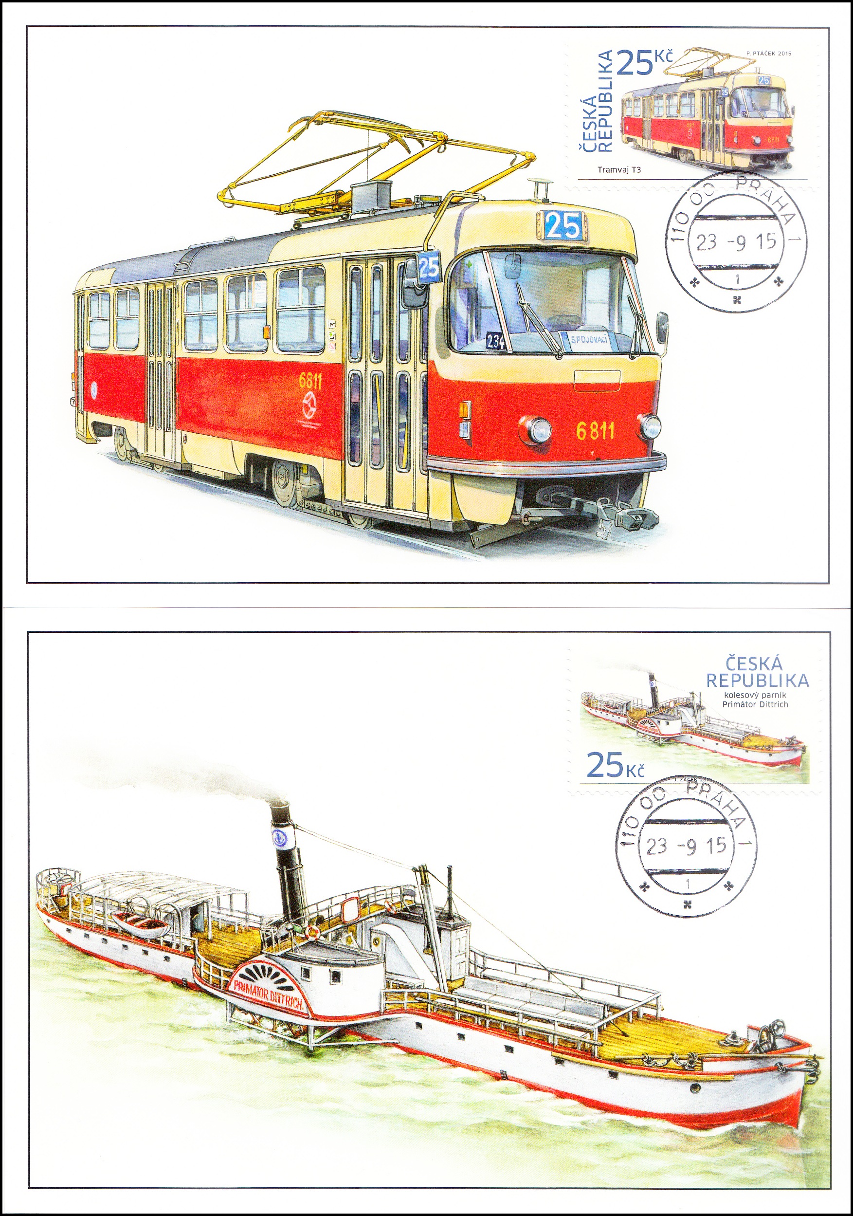 Cartes maximum (Z) Historické dopravní prostředky - tramvaj T3, kolesový parník 