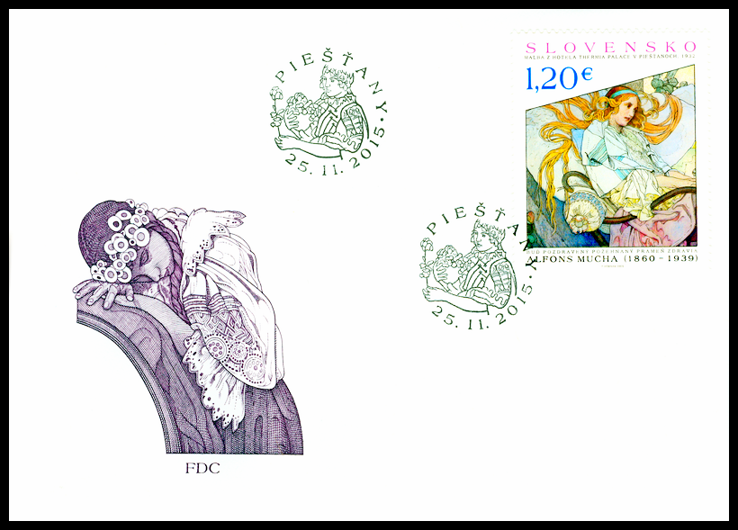 FDC - UMĚNÍ 2015 - Alfons Mucha - malba z hotelu Thermia Palace v Piešťanech