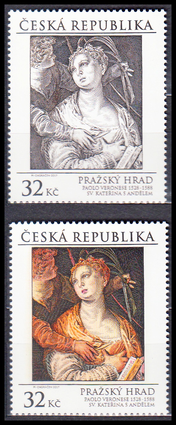 Pražský hrad — Paolo Veronese: sv. Kateřina s andělem (známky)