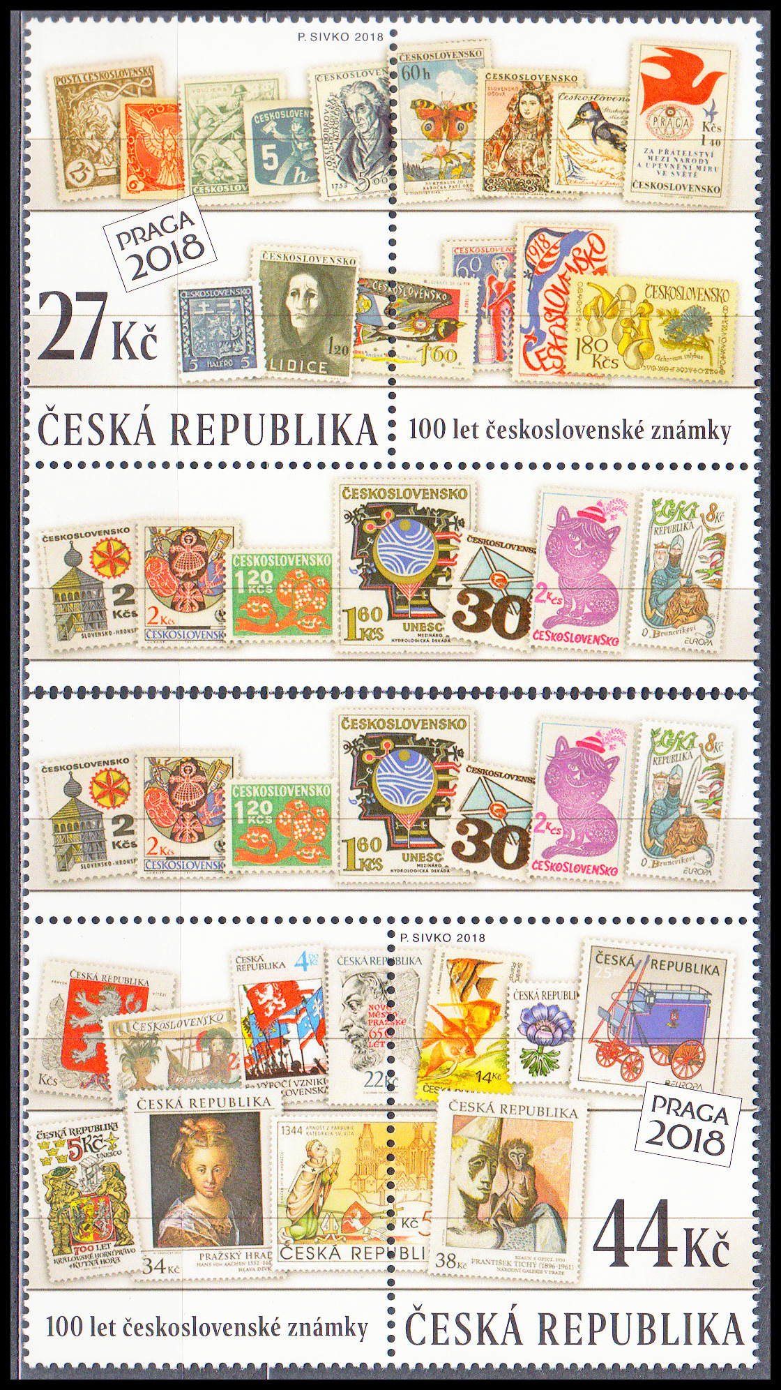 100 let československé poštovní známky (zn. z aršíku - kombinace 2 zn.+ 4K.)