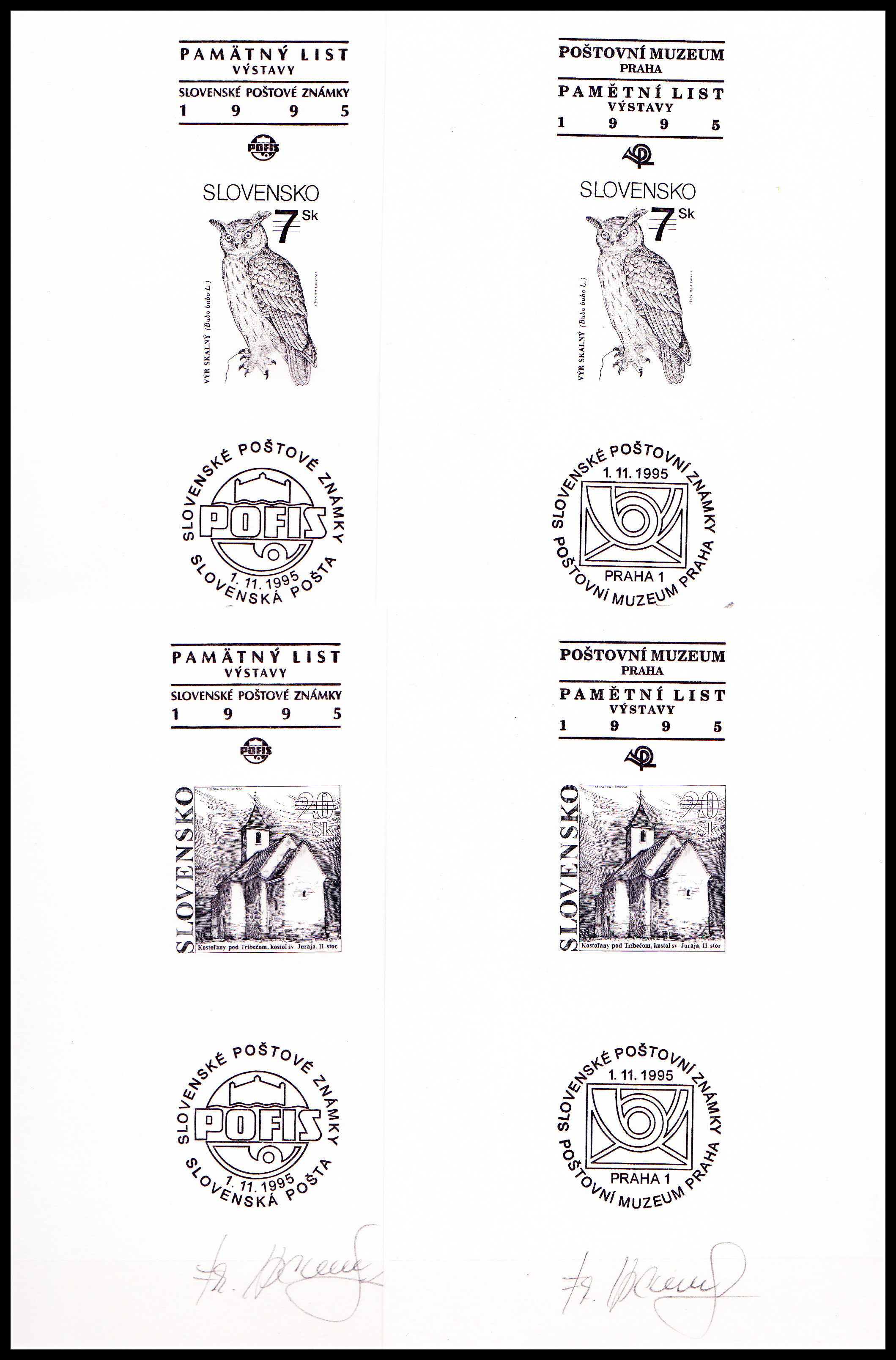 Černotisky- Výr skalní, Krásy naší vlasti (3x POFIS+3xPM s originálními podpisy)
