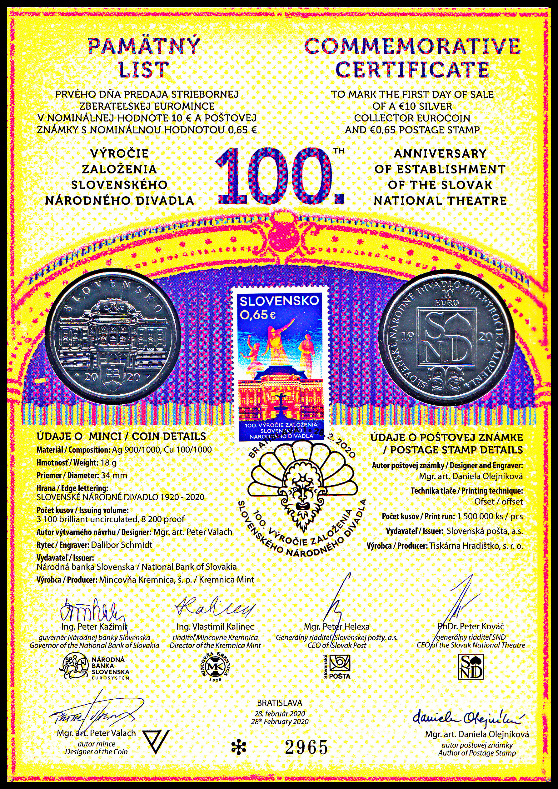 Numizmatický pamětní list - 100. výročí založení Slovenského národního divadla