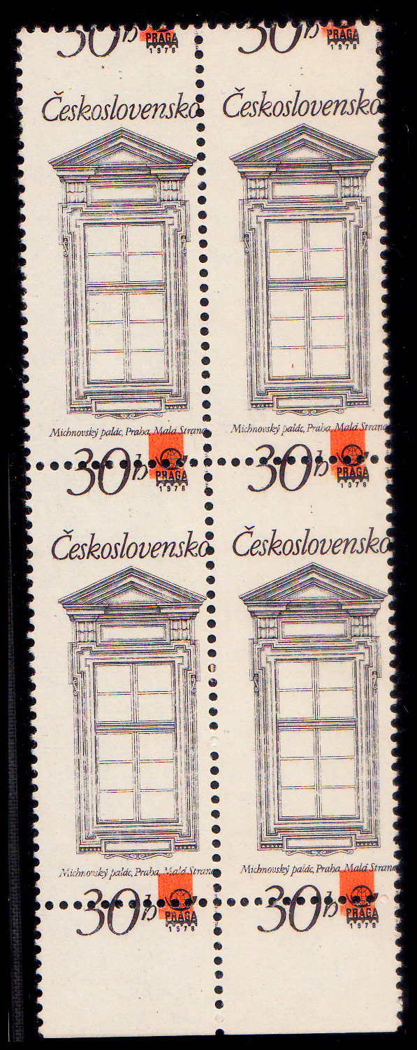 Historická pražská okna 30h (krajový čtyřblok jen v černé a oranžové barvě)