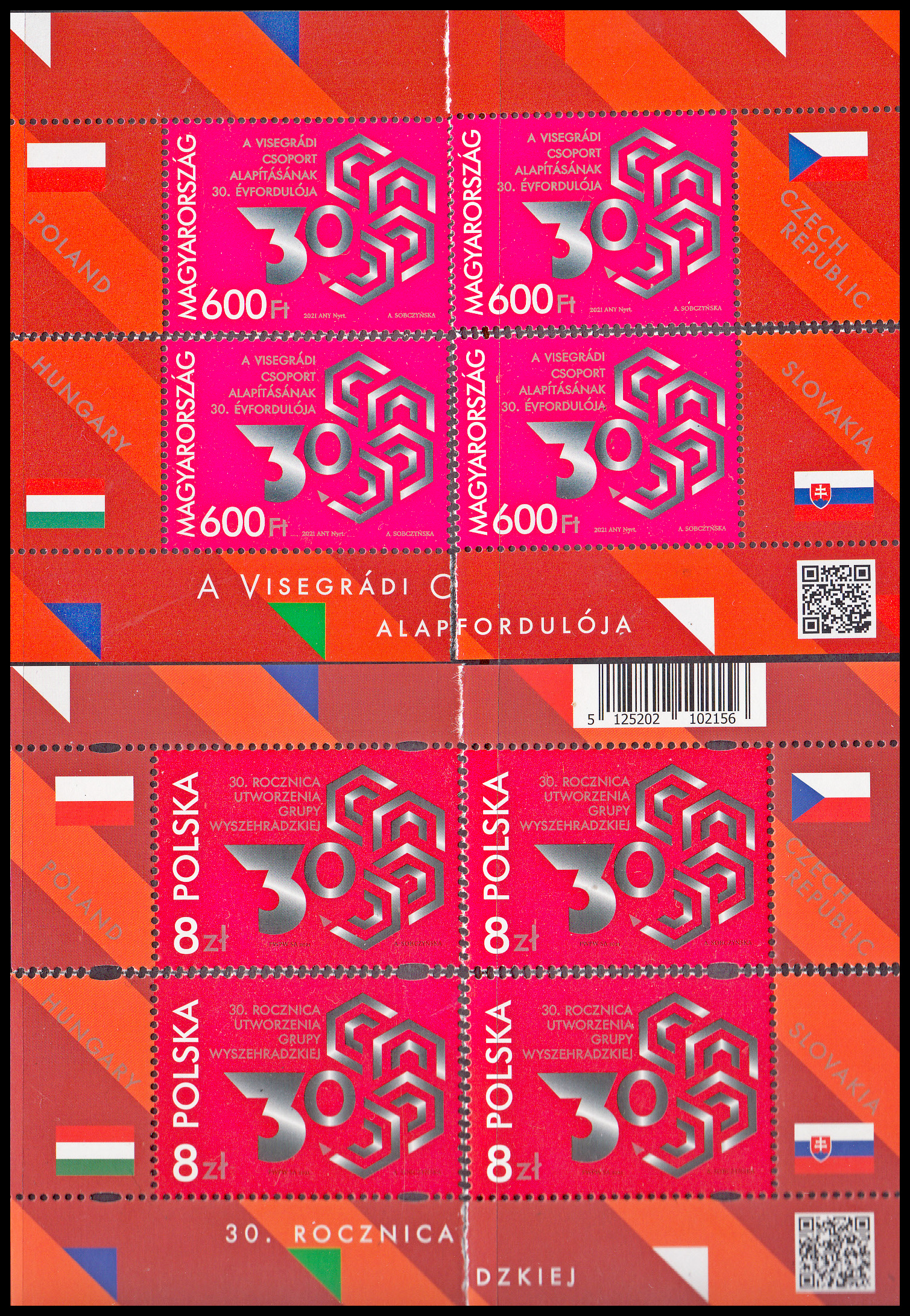 Spol. vydání(HU+PL)30. výročí Visegrádské skupiny s okrajem vlajky-4xL+4xP 