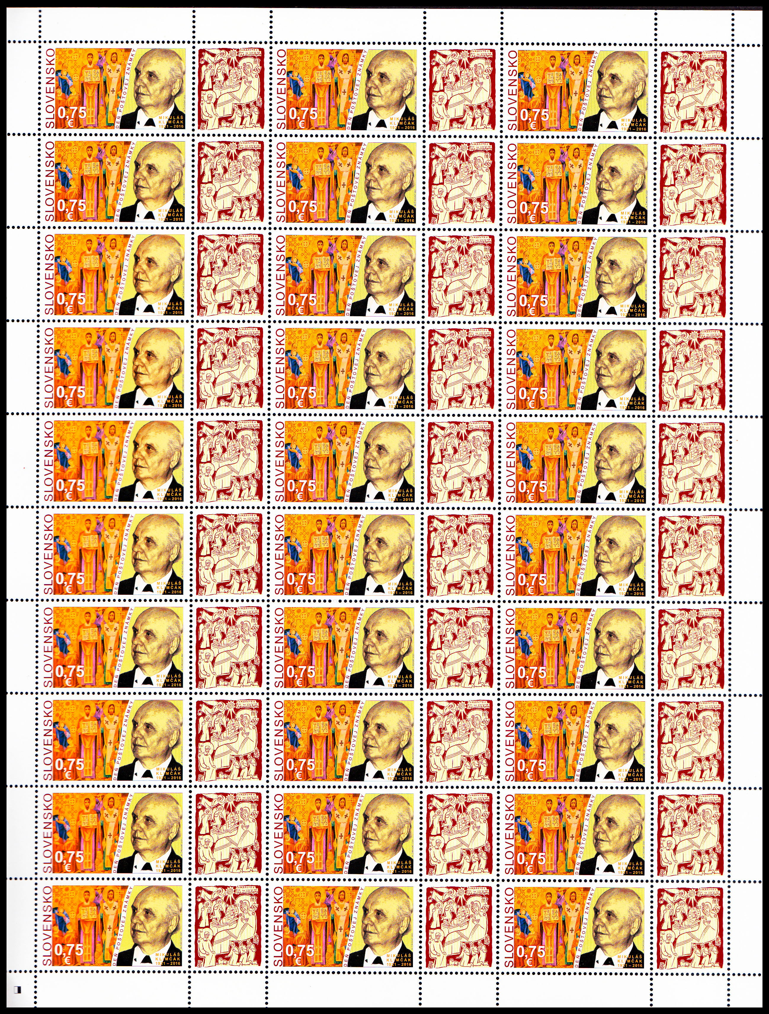 Den poštovní známky 2021: Mikuláš Klimčák 1921 – 2016 (celý arch 30 zn. + 30 K)