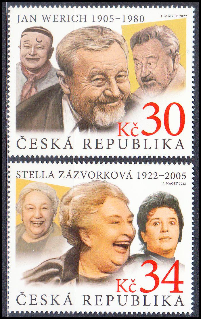 Čeští herci a herečky - Jan Werich a Stella Zázvorková (známky)