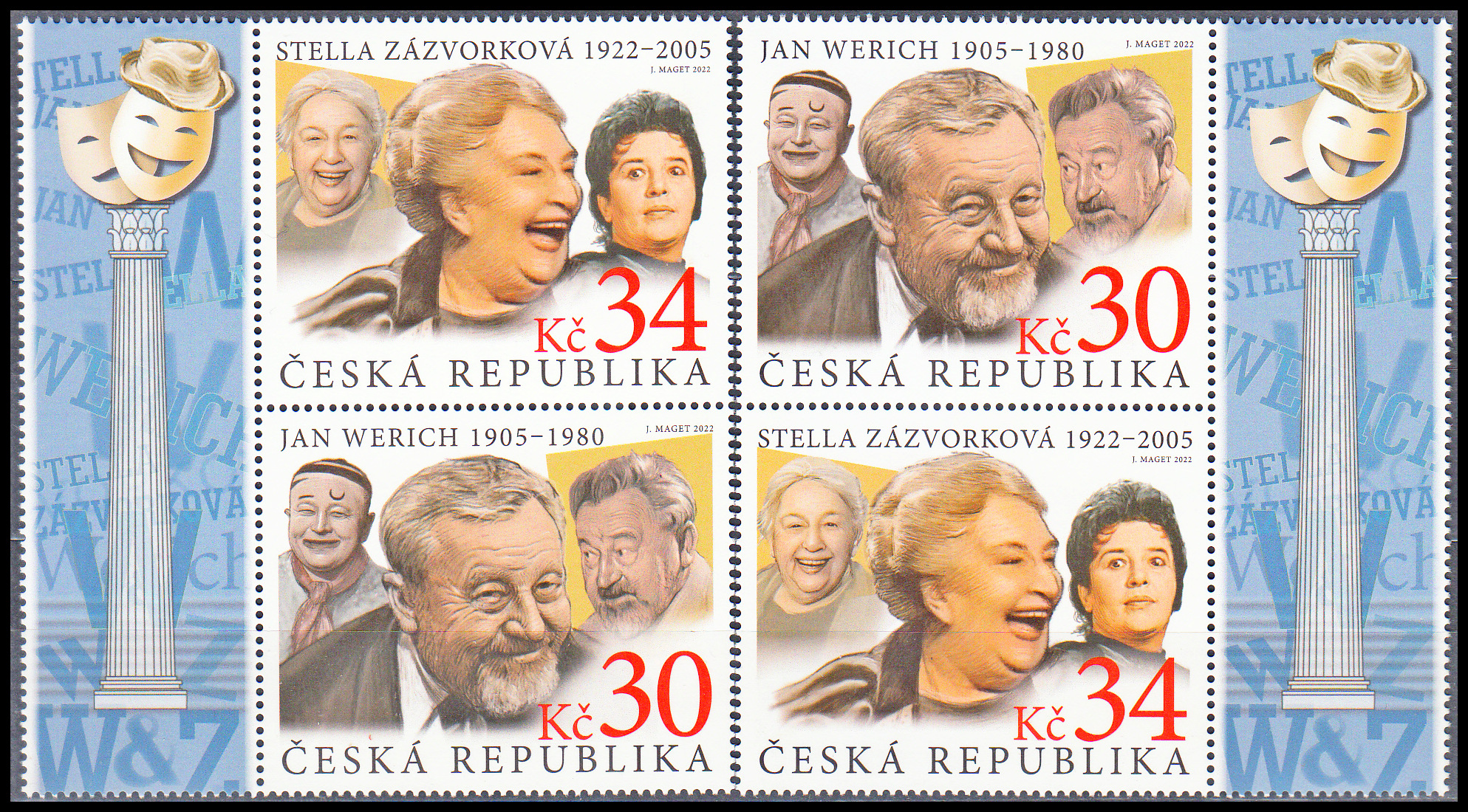 Čeští herci a herečky - Jan Werich a Stella Zázvorková(kombinace 4zn. + KL + KP)
