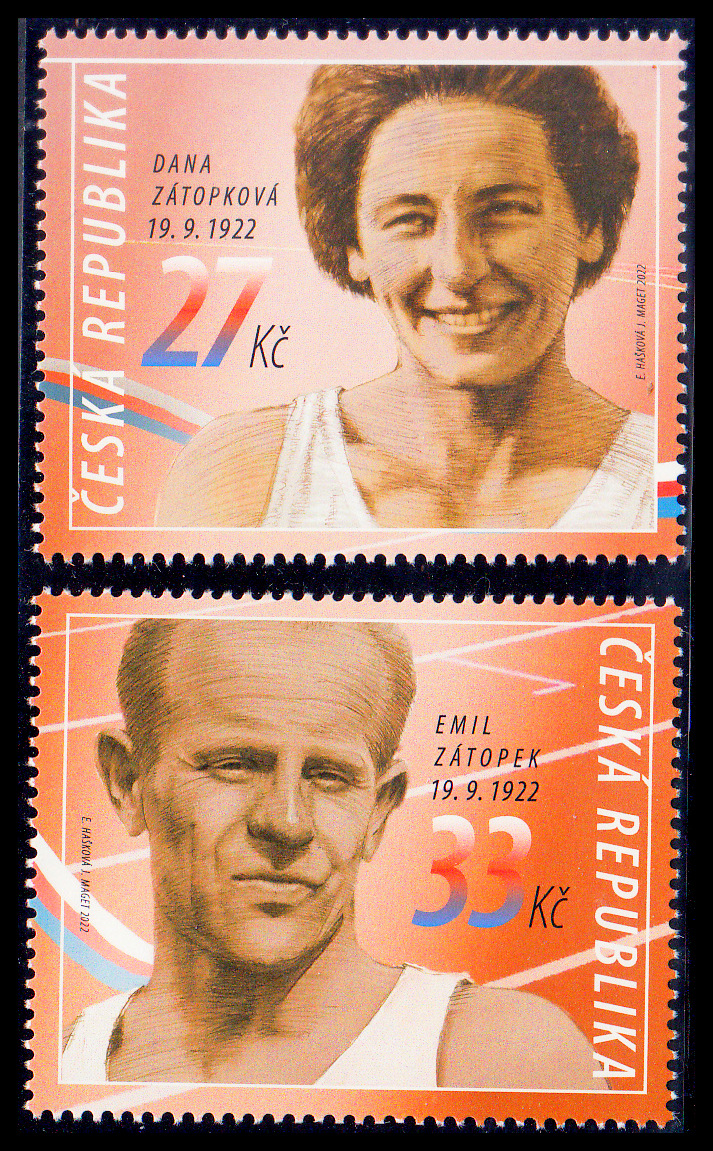 Emil Zátopek a Dana Zátopková (známky z aršíku)