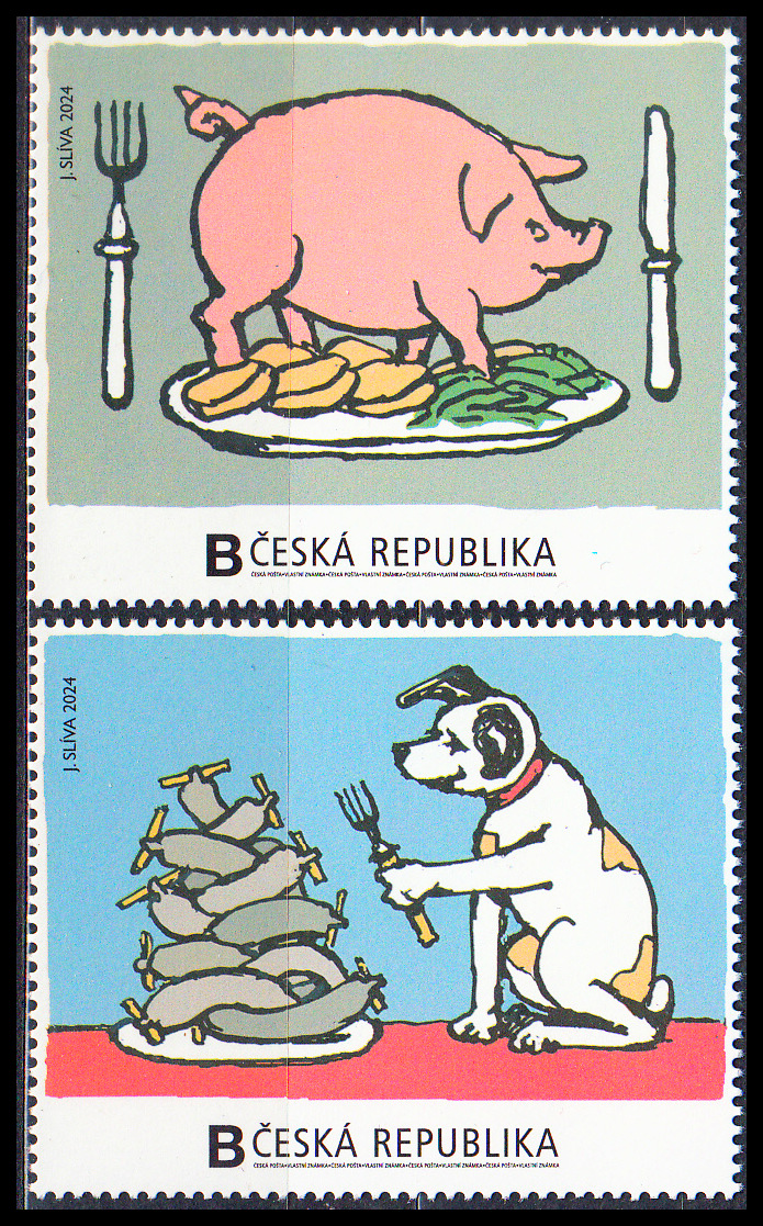 Gastronomie - knedlo-vepřo-zelo, talíř s hromadou jitrnic (známky z aršíku)
