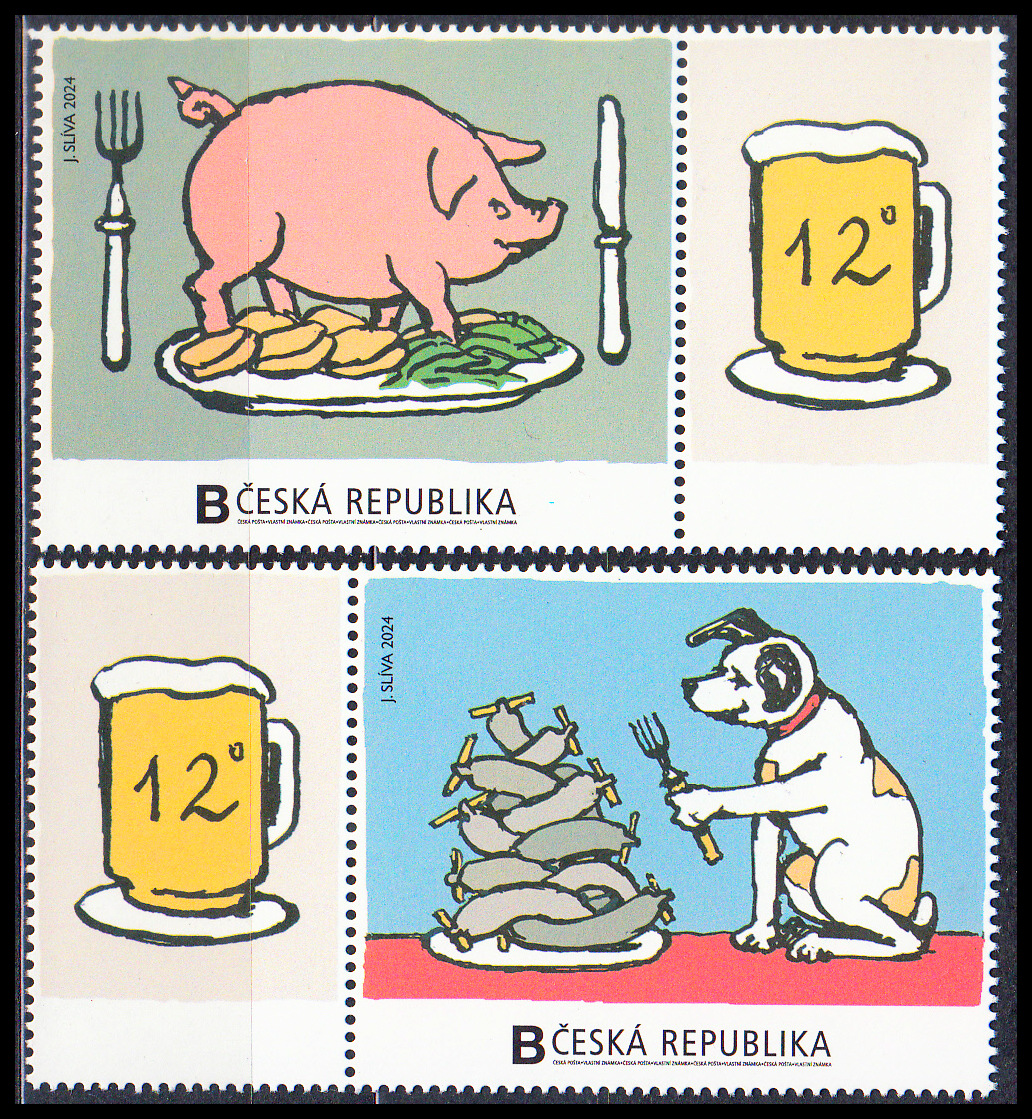 Gastronomie - knedlo-vepřo-zelo, talíř s hromadou jitrnic (známky z aršíku - kombinace 2 zn.+ 2K.) 