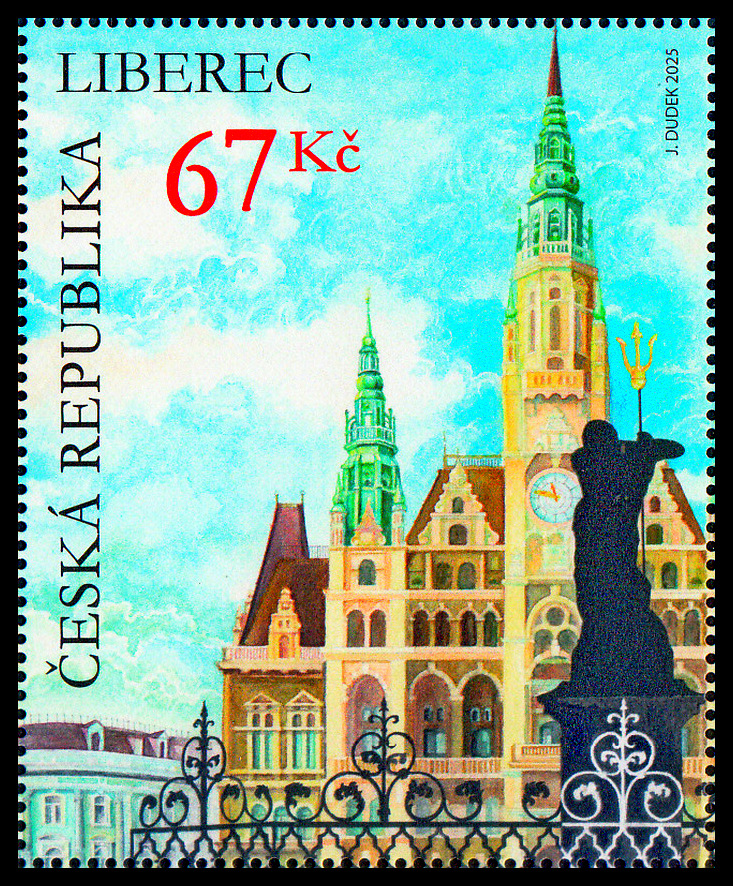 Historické radnice a náměstí - Liberec (známka z aršíku)