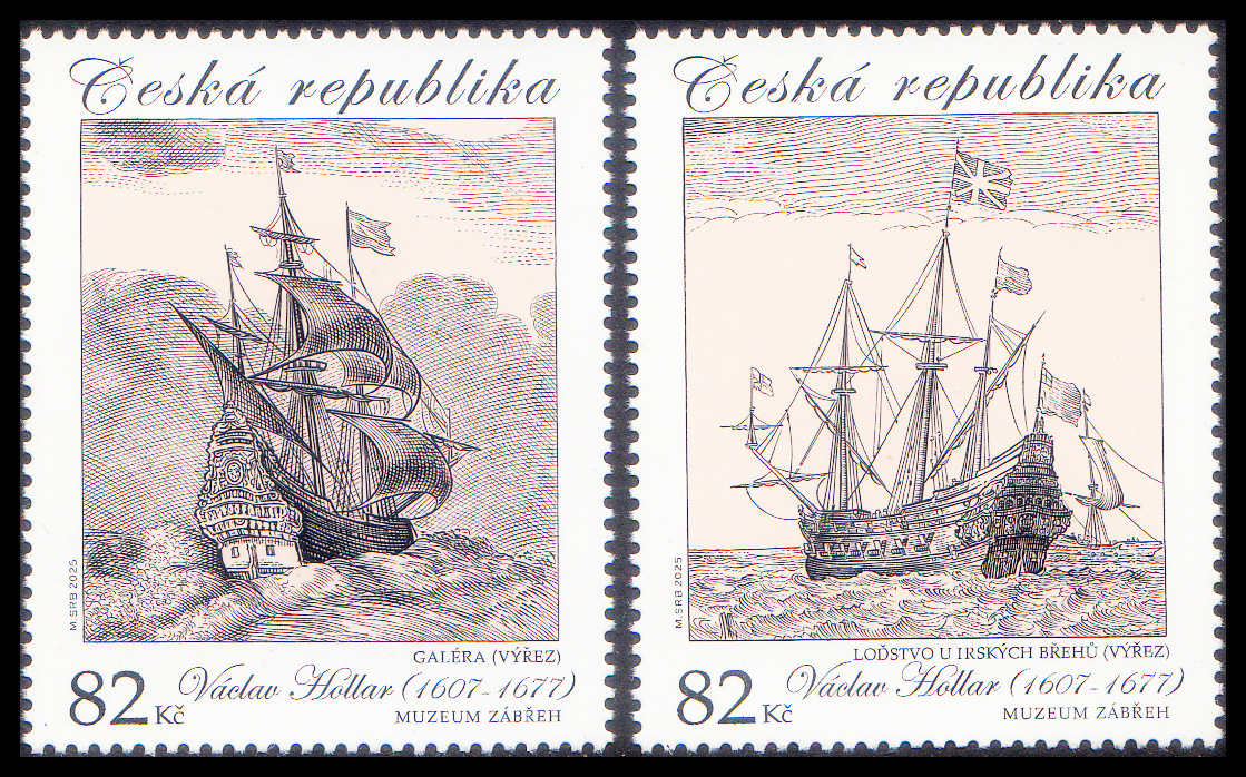 Václav Hollar - rytiny lodí (známky z aršíku)