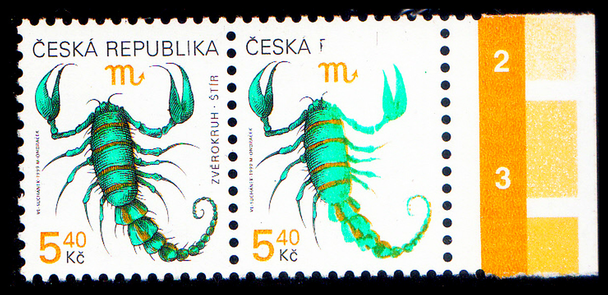 Znamení  (vodorovná  2 páska - nedotisk černé barvy- (ZVĚROKRUH . ŠTÍR) a (REPUBLIKA) 