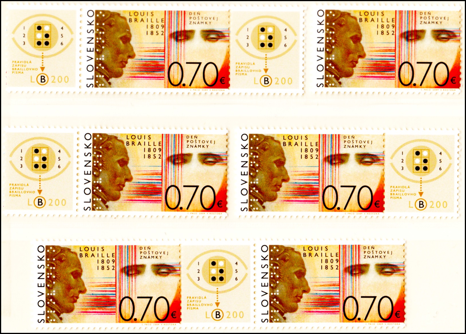Den poštovní známky 2009 - Louis Braille (kombinace 6 zn.+ 5 K)