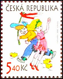 Velikonoce 2002 (dívka s malovaným vajíčkem a chlapec s pomlázkou)