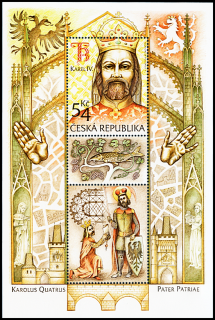 Karel IV. (aršík) I. vydání -chybný nápis „KAROLUS QUATRUS“