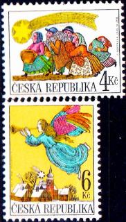 Vánoce 1998 (venkované s dárky do Betléma, anděl nad zasněženou vesničkou)
