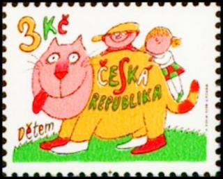 Dětem (veselá kočička s holčičkou a chlapčkem na hřbetě)