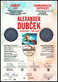 Numizmatický pamětní list - Osobnosti - Alexander Dubček (1921 – 1992) 