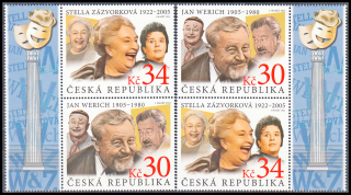 Čeští herci a herečky - Jan Werich a Stella Zázvorková(kombinace 4zn. + KL + KP)